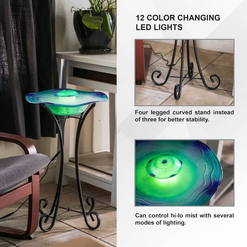 27in Tall Floor Mist Fountain with LED Lights and Inline Control - Blue Glass and Metal Design, Blue Freestanding Mist Fountain