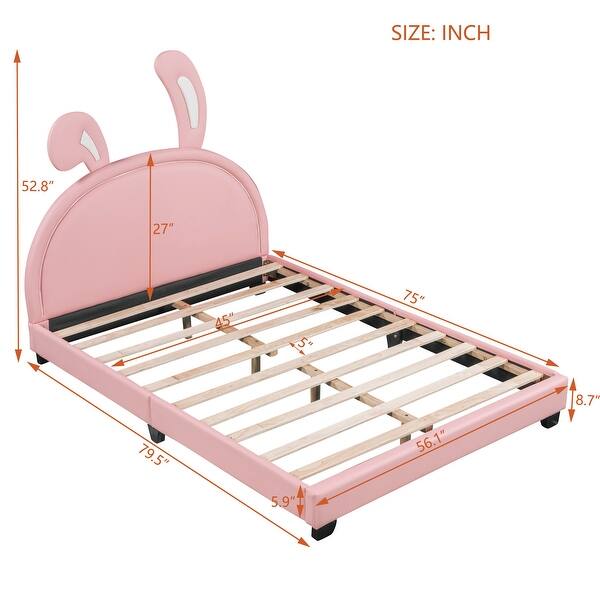 dimension image slide 3 of 4, Modern Upholstered Leather Platform Bed, with Rabbit Ornament and Leather Headboard
