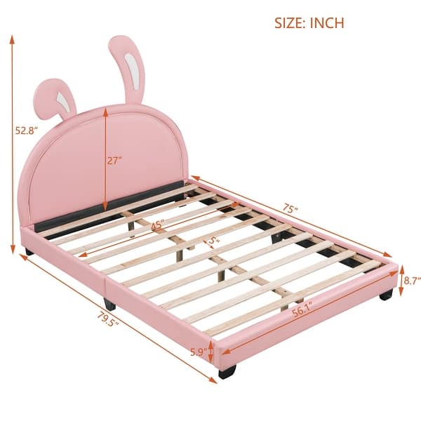 dimension image slide 1 of 2, Full Size Upholstered Leather Platform Bed Frame with Rabbit Ornament Headboard and Slats Support for Kids, Teens