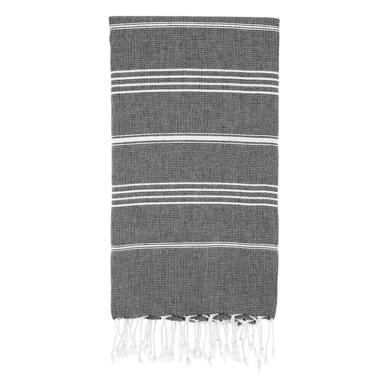 HomeRoots 39" X 71" White and Black Cotton Turkish Towel Throw Blanket with Tassels