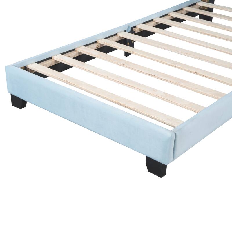 Kids Shell Twin Bed Frame Upholstered Low Profile Platform Bed Slats Supports Child Comfortable Sleep Velvet Bed Frame - Blue