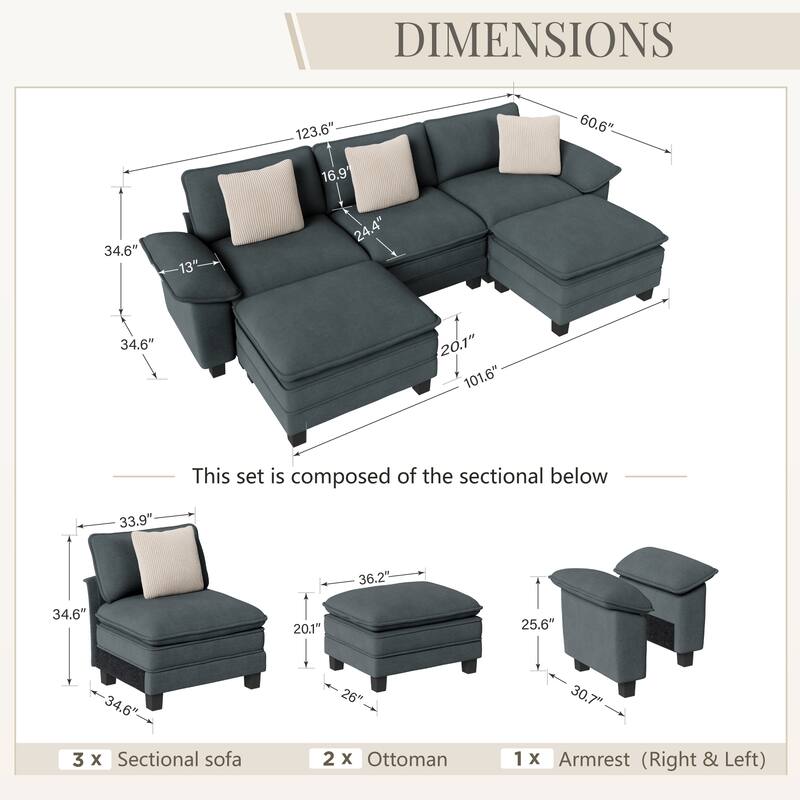 MAISON ARTS Modular Cloud Sectional Sofa, Comfy L- or U-Shaped Couch with Ottomans & Pillows, 4–6 Seat Living Room Sofa
