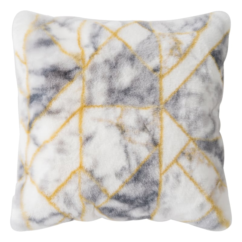 Faux Rabbit Fur Printed Pillow - Accent - 20-inch - Polyester - Grey/Gold - Single