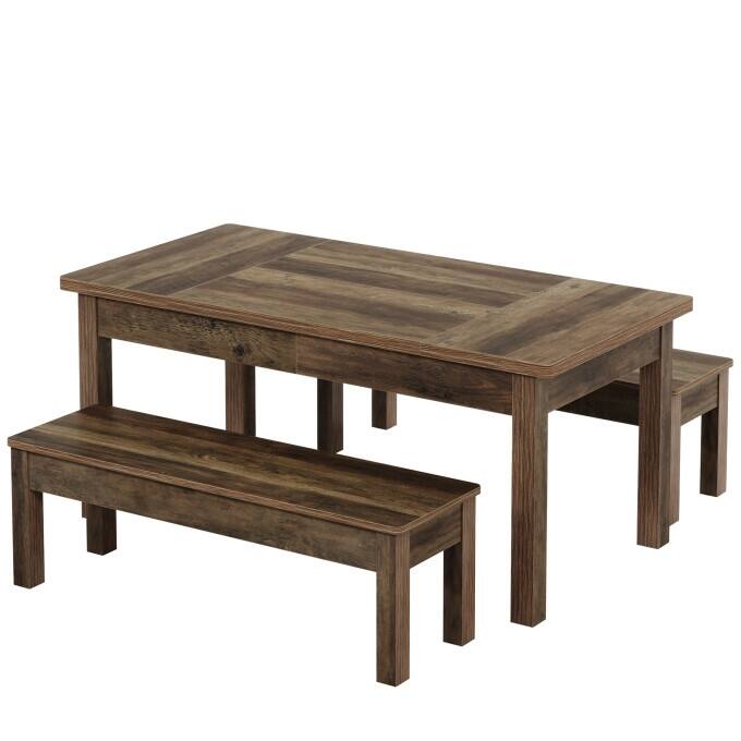 55-Inch Farmhouse Kitchen Table Set, Wood Dining Table with 2 Benches