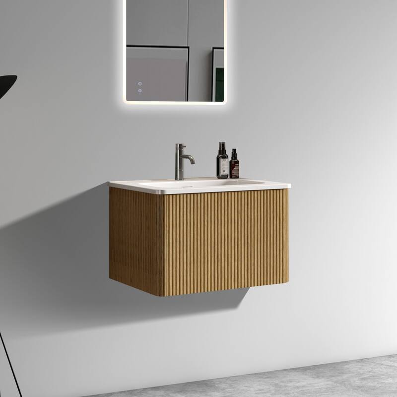 24 Inch Striped Walnut Bathroom Vanity with White Ceramic Sink,Wall Mounted Floating Bathroom Vanity for Modern Bathroom