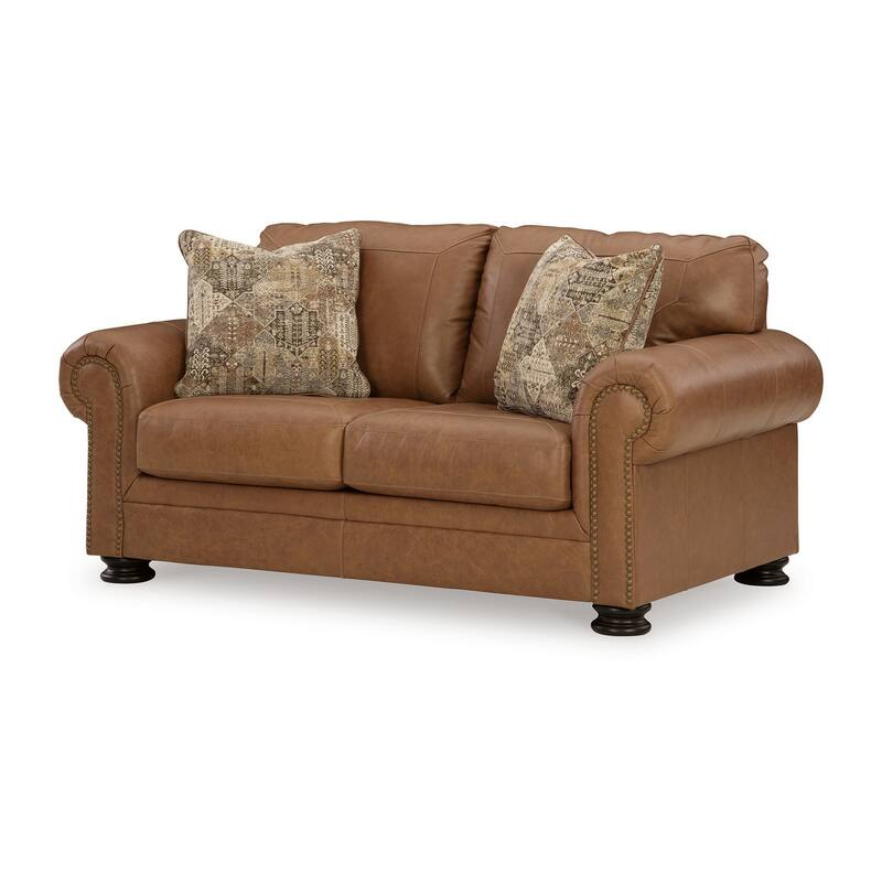 Riana 74 Inch Loveseat, 2 Accent Pillows, Caramel Brown Genuine Leather