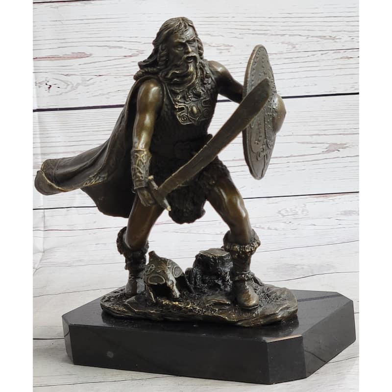 Bronze European Warrior With Sword Sculpture Rare Marble Base Figurine Home Deco