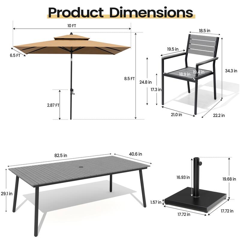 11PC Outdoor Patio Dining Set WoodLike Aluminum Umbrella Hole Table with Stackable Armchairs,Double Top Market Umbrella and Base