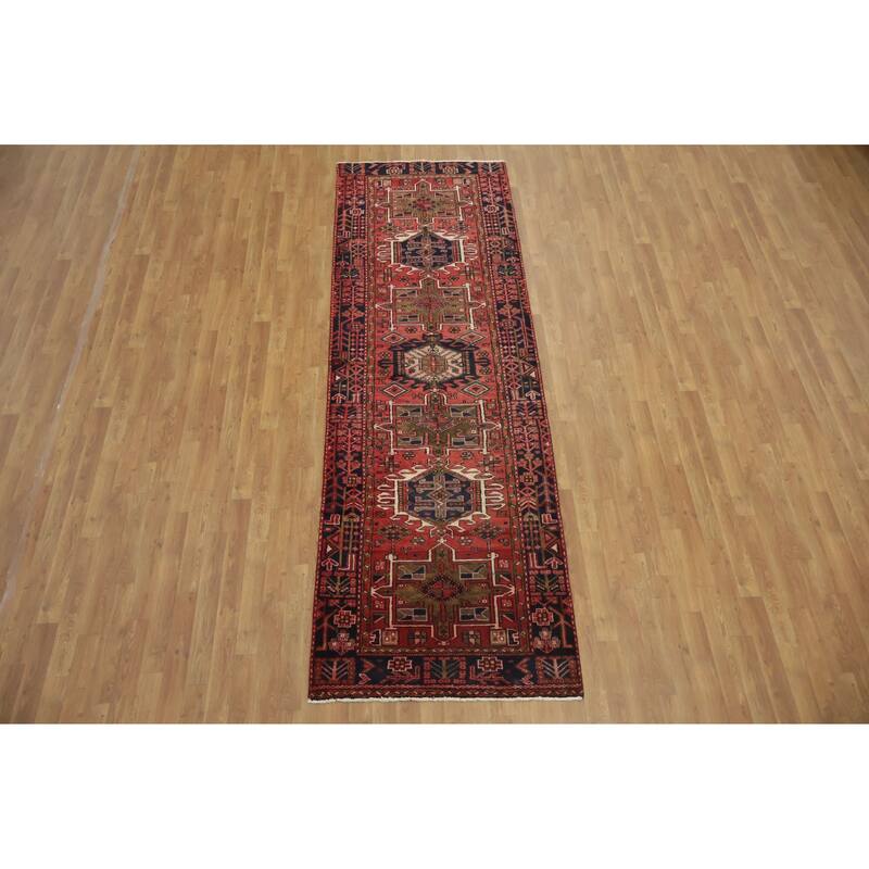 Hand Knotted Oriental 100% Wool Carpet Traditional Tribal Red Gharajeh Runner Rug - 10' 1'' X 3' 3''