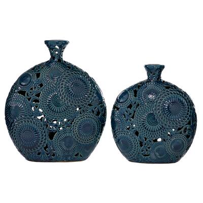 Blue Ceramic Eclectic Vase (Set of 2) - 13 x 5 x 16