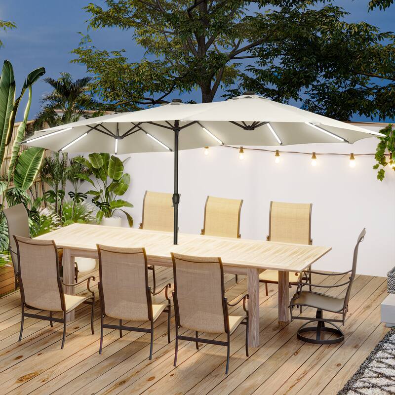 15 ft. Crank Double-sided Solar LED Ultra Lighted Outdoor Market Umbrella with Base Included