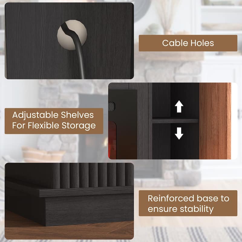 70" Traditional TV Stand with 50" Electric Fireplace, Light Strips, Sockets, Open Shelves, and Cabinets for TVs up to 80