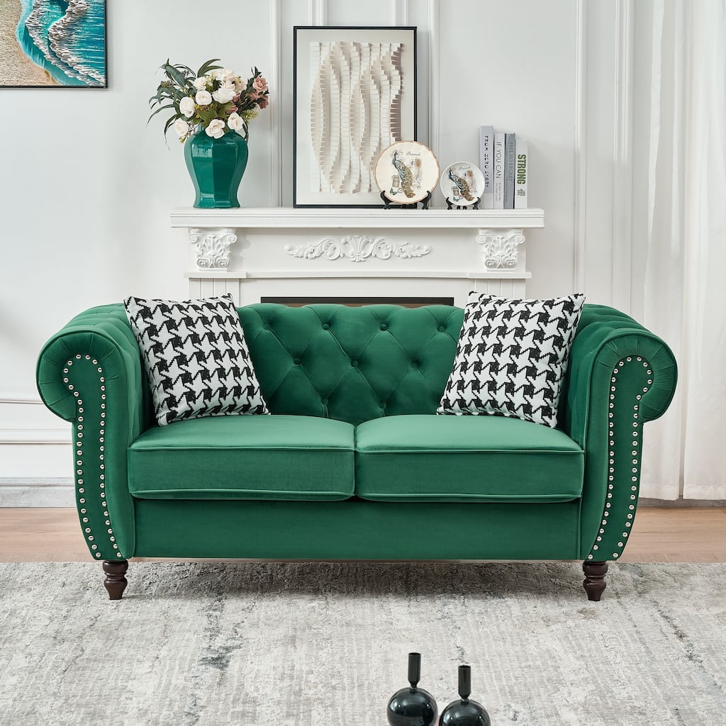 Velvet Upholstery Fabric 2-Seater Sofa with Rolled Armrests and Rivet Embellishments, for Living Rooms, Green