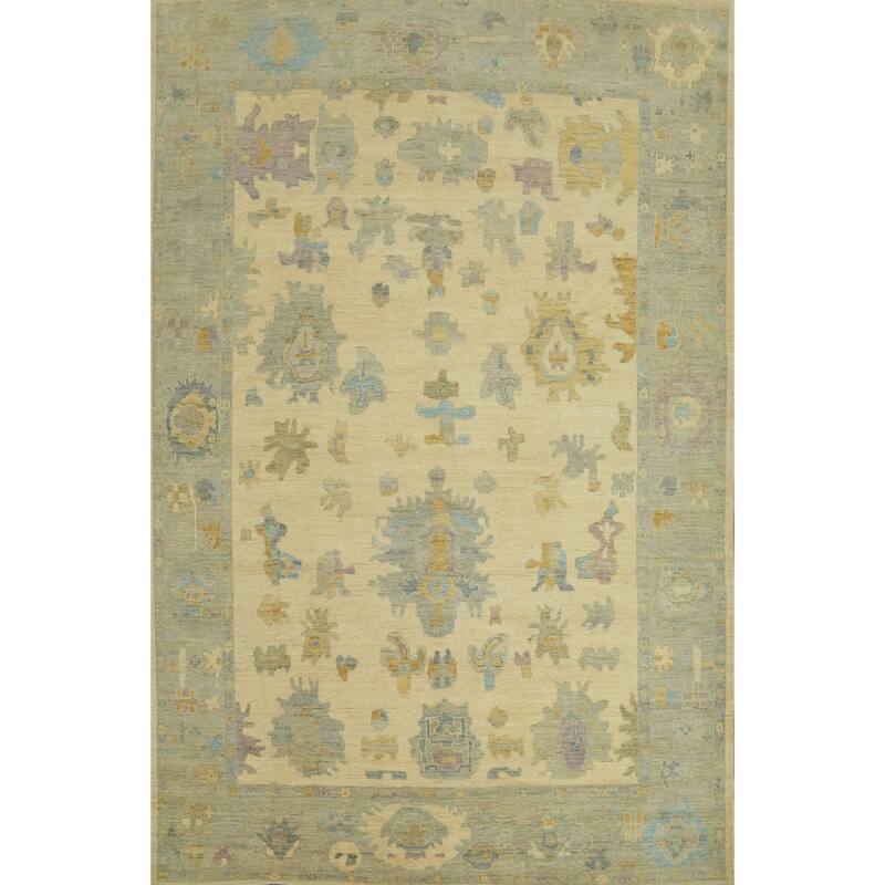 Vegetable Dye Wool Oushak Turkish Area Rug, Floral Geometric Carpet - 11' 1'' X 8' 11''
