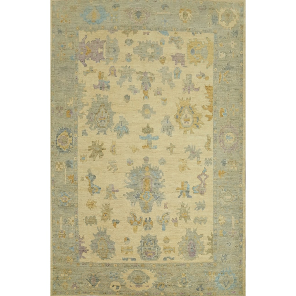 Vegetable Dye Wool Oushak Turkish Area Rug, Floral Geometric Carpet - 11' 1'' X 8' 11''