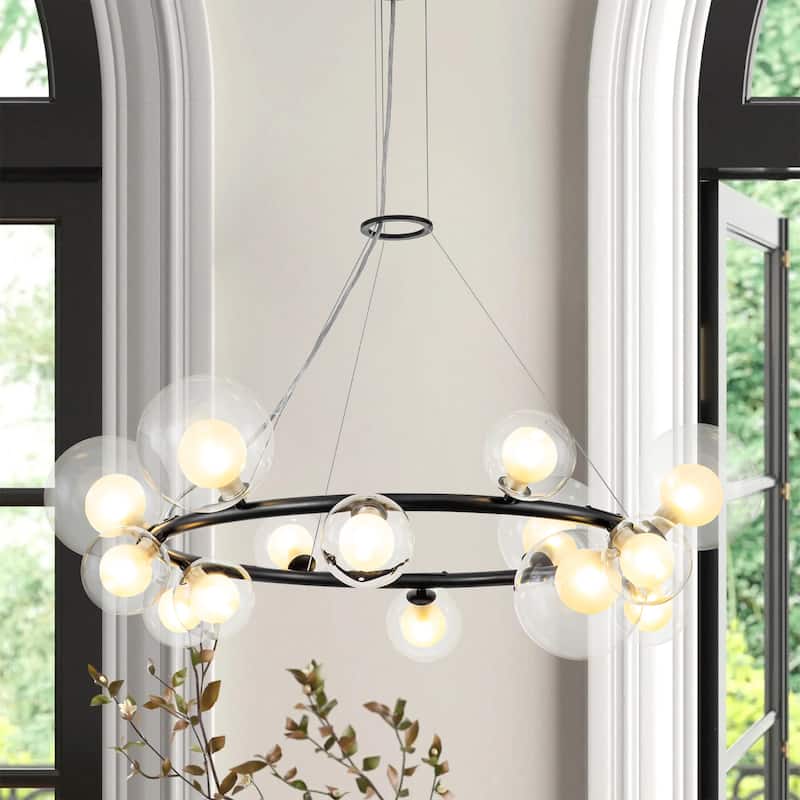 14-Light Cluster Sputnik Glass Globe Bubble Pendant Wagon Wheel Chandelier for Living/Dining Room - 32.7" W