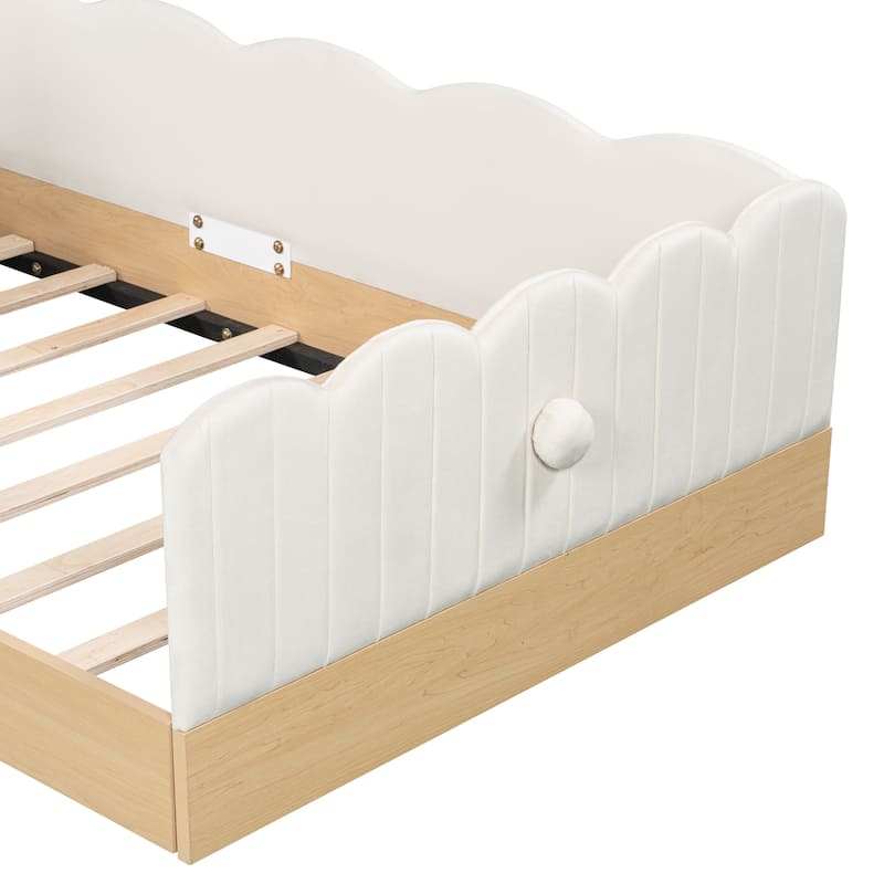 Twin Size Upholstered Bed with Bunny Ear Shape Pillows and Rabbit Tail Footboard, Storage Bags, Wave Frame Platform Bed