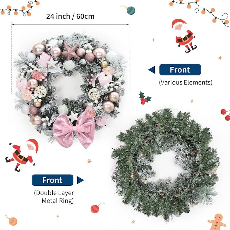 24 Inch Christmas Wreath with Pink Bow for Front Door, Window, Wall - N/A
