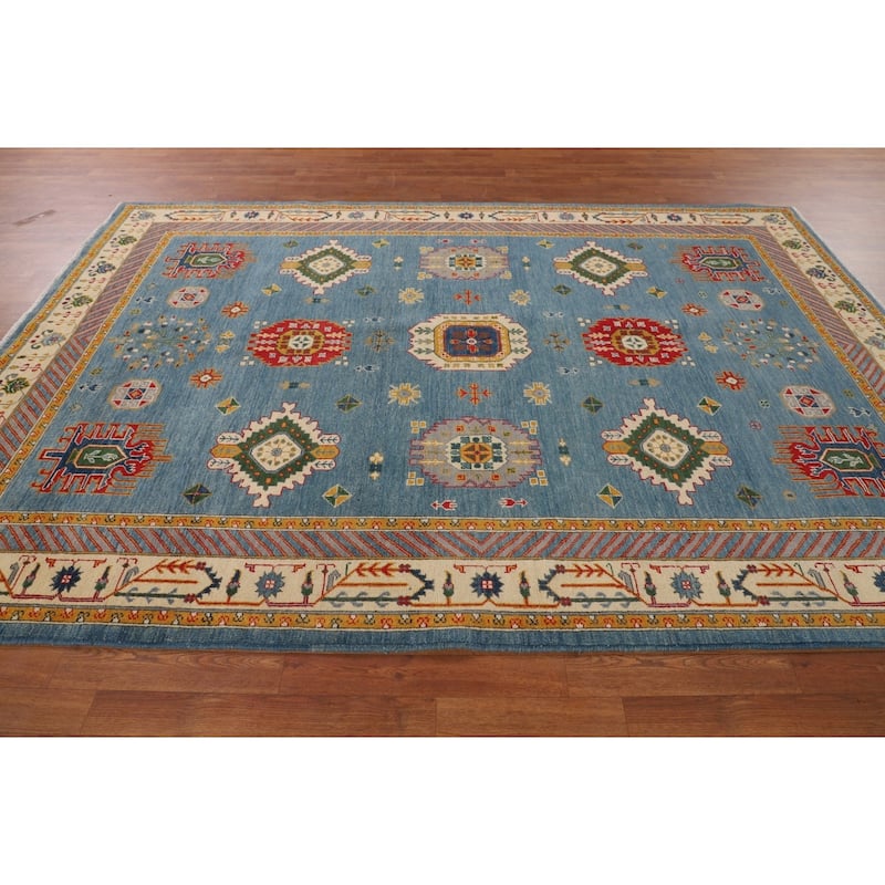 Blue Geometric Kazak Oriental Area Rug Handmade Wool Carpet - 6'8" x 9'7"