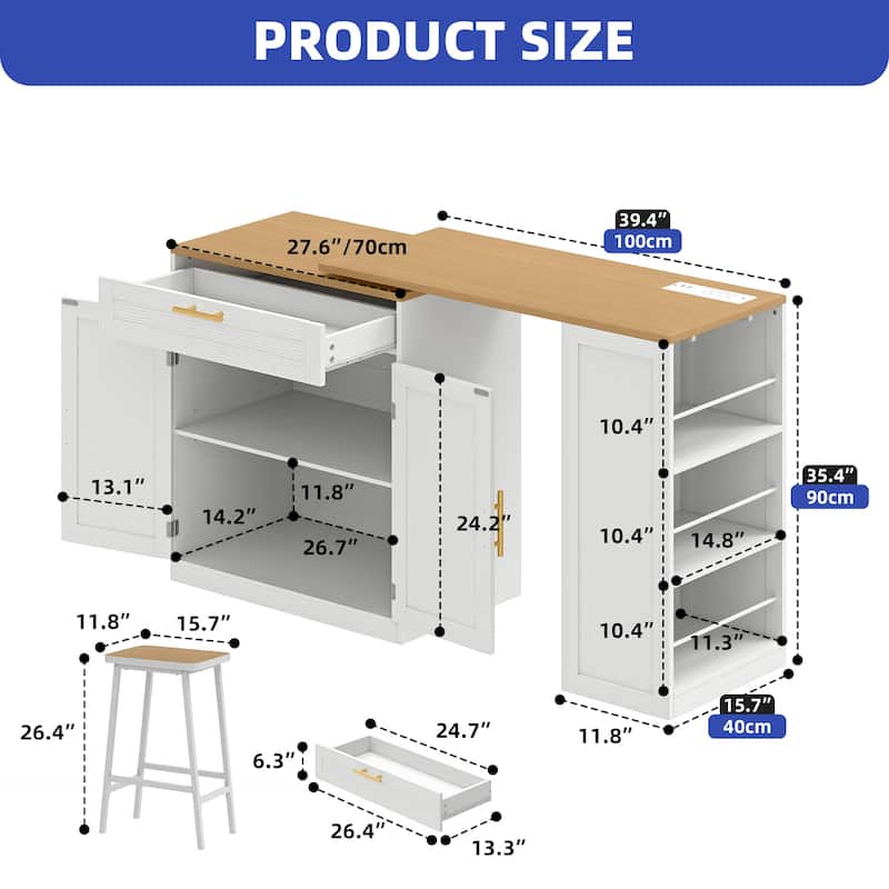 Moasis Kitchen Island with Seating & Extendable Dining Table,Mobile Storage Islands with 2 Chairs