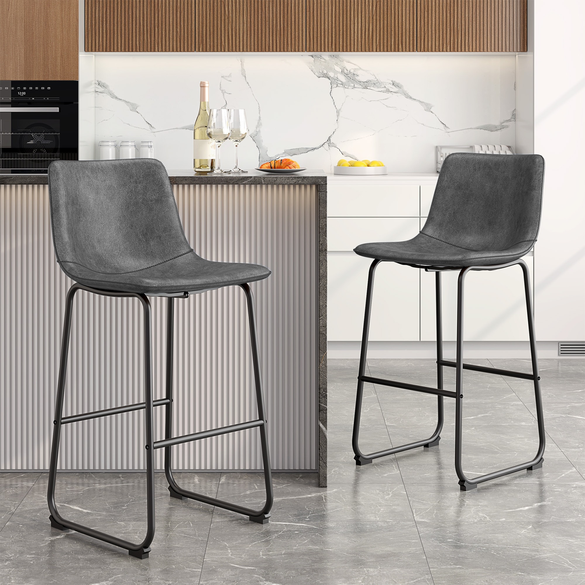Bar Stools Faux Leather Counter Stools with Back Armless Dining Chairs (Set of 2)
