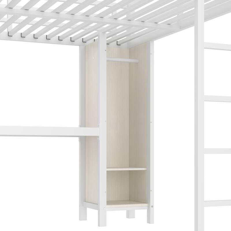 Queen Size Metal Loft Bed with Wardrobe, L-shaped Desk, and Storage, White Wood-grain