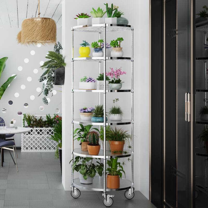 6-layer circular shelf with wheels,White/Black/Silver - 6 Tier