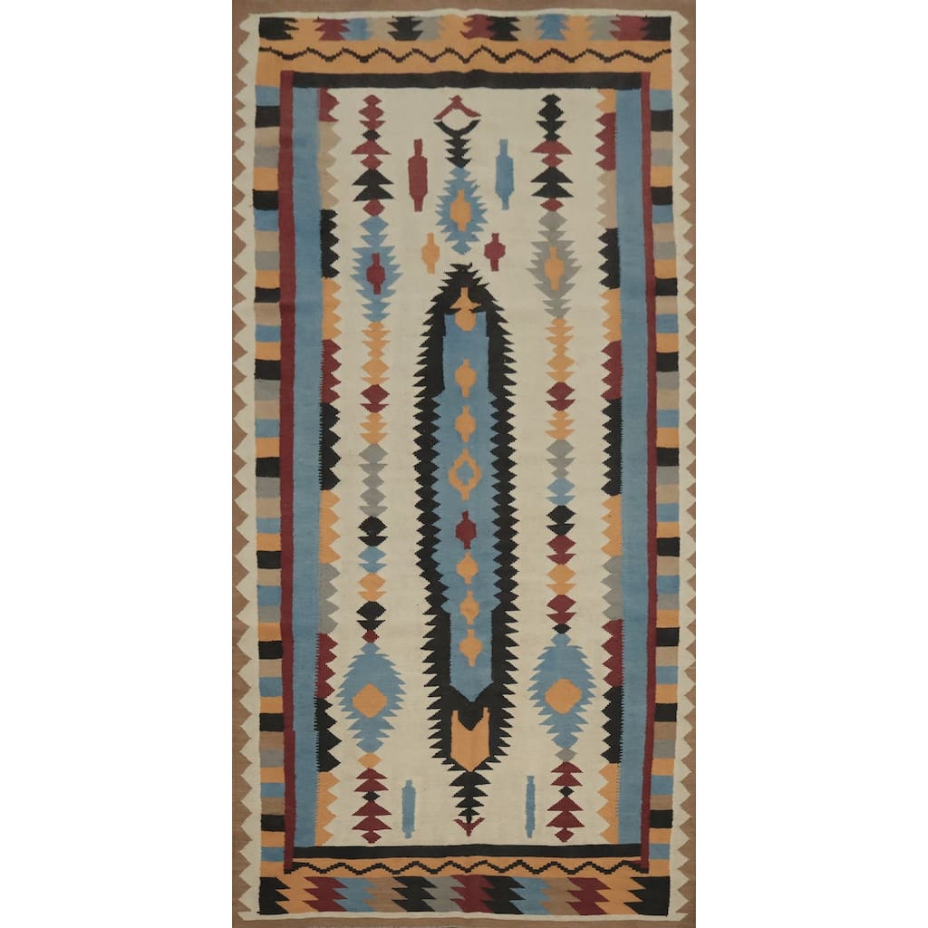 Hand Woven Oriental 100% Wool Carpet Southwestern Tribal Beige & Ivories Kilim Area Rug - 11' 10'' X 5' 2''