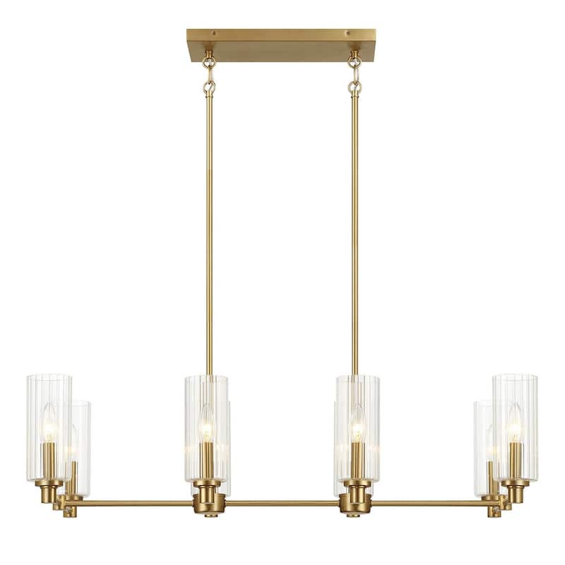 Eight Lights Island With Clear Ribbed Glass Pendant Lamp - Satin Brass
