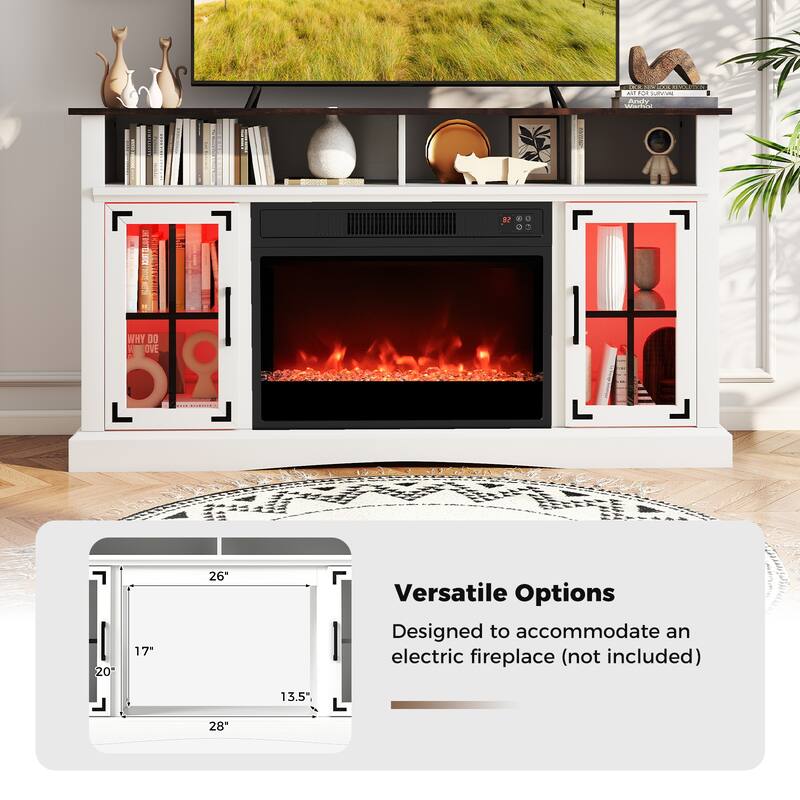 58" White TV Stand with RGB LED Lights Glass Accents Adjustable Storage 50" TV Fits Living Room Decor