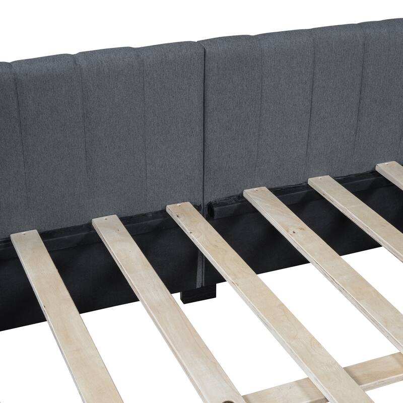 L-Shaped Backrest Daybed Upholstered Daybed Frame Classic Wood Slats Design with 2 Storage Drawers - Full Size - Grey