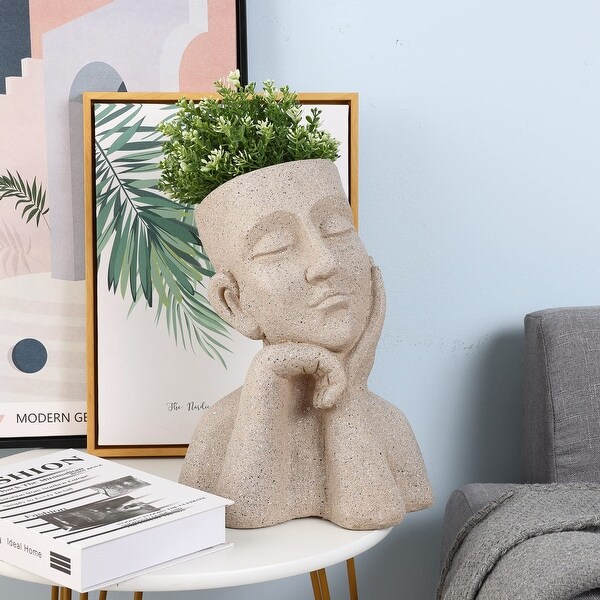 Speckled Beige MgO Thoughtful Bust Head Indoor/Outdoor Statue Planter