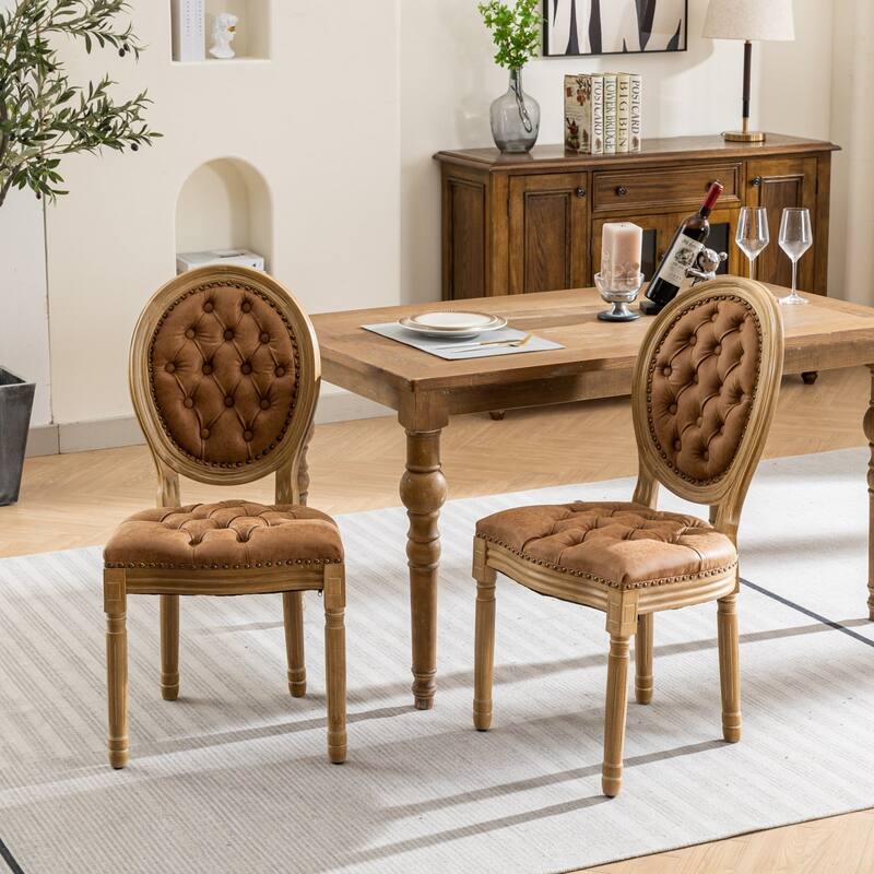 French Style Dining Chairs - Set of 2 with Solid Wood Frame and Nailhead Trim - Brown