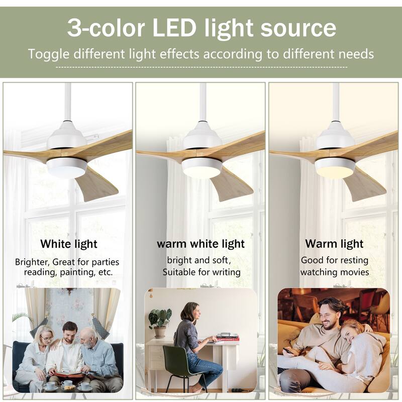 Sofucor 52 Inch Quiet Ceiling Fan with 3 Solid Wood Blades,Light & Remote,Reversible Ceiling Fan,for Patio Living Room,Bedroom