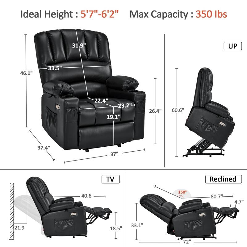 Power Lift Recliner Chair for Elderly, Massage and Heat, Faux Leather & Fabric