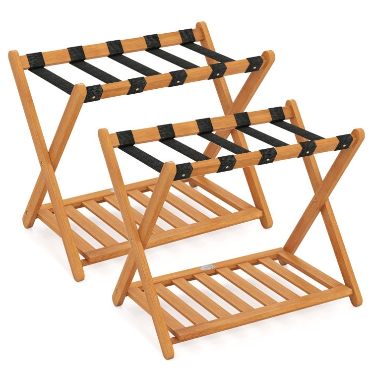 Set of 2 Oak Acacia Wood Folding 2-Tier Luggage Rack with Straps and Shelf - 27" x 16.5" x 23"