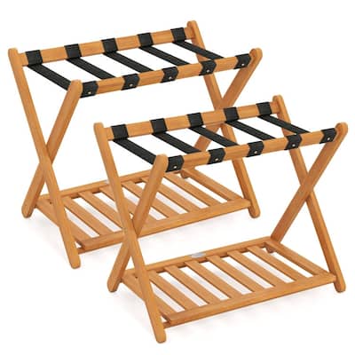 Set of 2 Oak Acacia Wood Folding 2-Tier Luggage Rack with Straps and Shelf - 27" x 16.5" x 23"