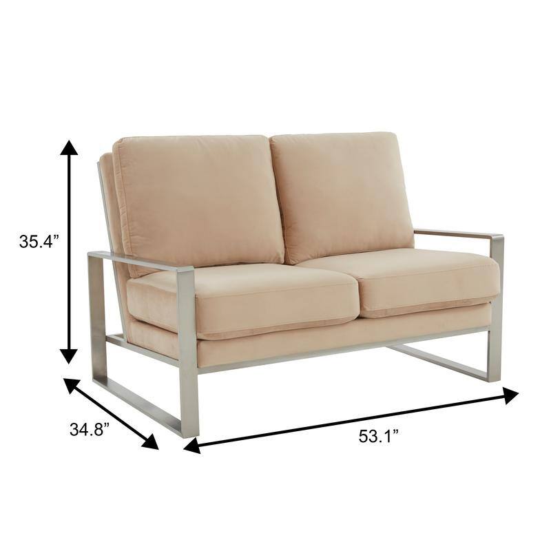 Jefferson Modern Velvet Two-Seater Sofa Accent Loveseat with Brushed Silver Stainless Steel Base for Living Room Office Lounge
