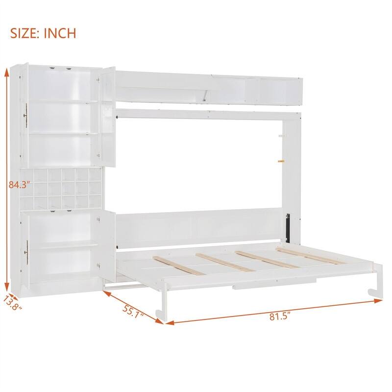 Full/Queen Size Murphy Wall Bed with Sofa, Light and USB Ports, Space Saving Foldable Murphy Cabinet Bed w/ Wine Rack & Shelves