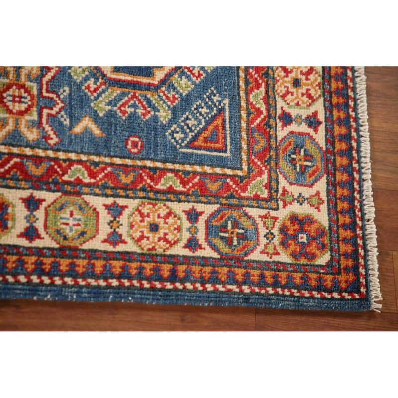 Blue Kazak Oriental Accent Rug Hand-Knotted Geometric Wool Carpet - 2'8"x 4'1"