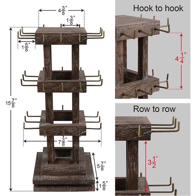 Natural Wood Rotating 36 Hooks Jewelry Tower