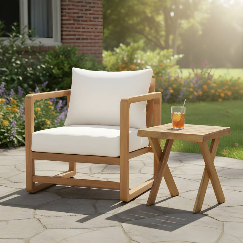 Christopher Knight Home - Solara Modern Outdoor Wooden Lounge Chair with White Cushion and Side Table - Teak Cross Legs Table - 1 chair