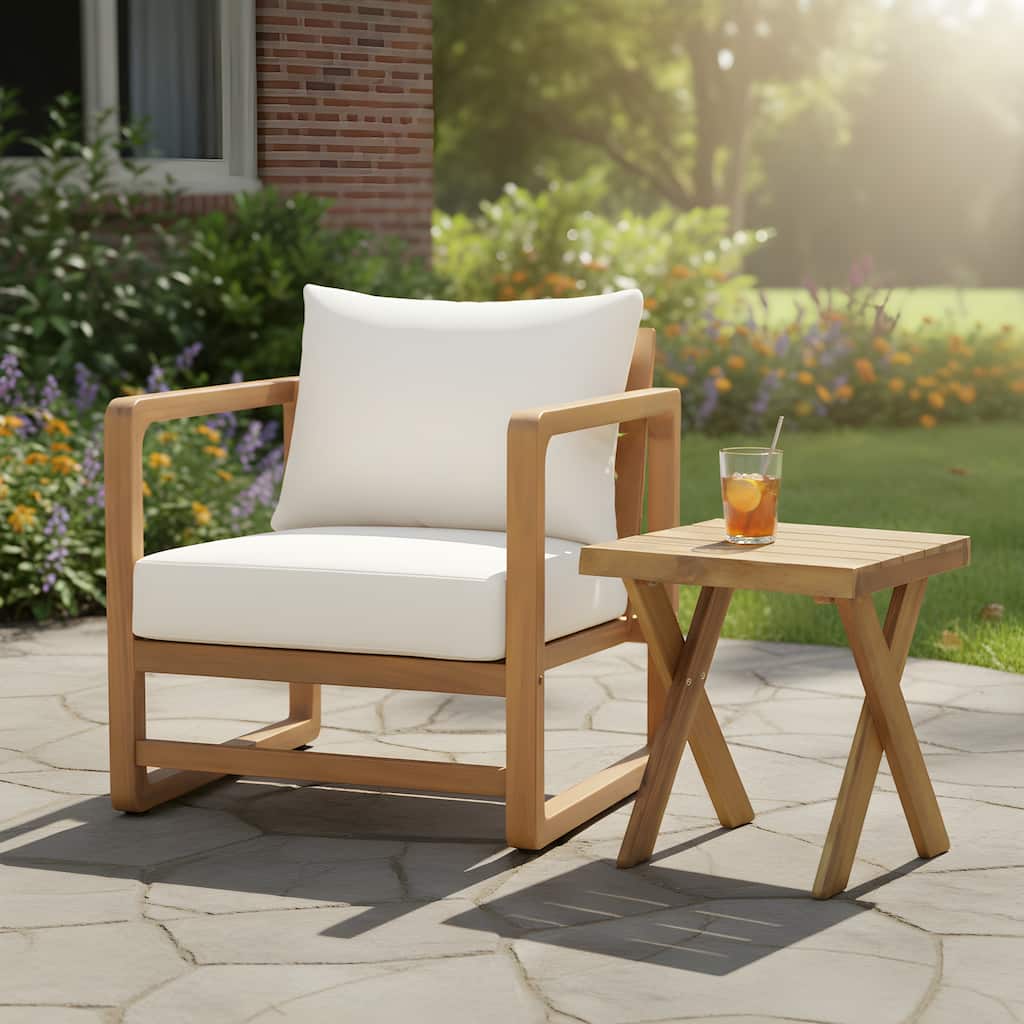 Christopher Knight Home - Solara Modern Outdoor Wooden Lounge Chair with White Cushion and Side Table