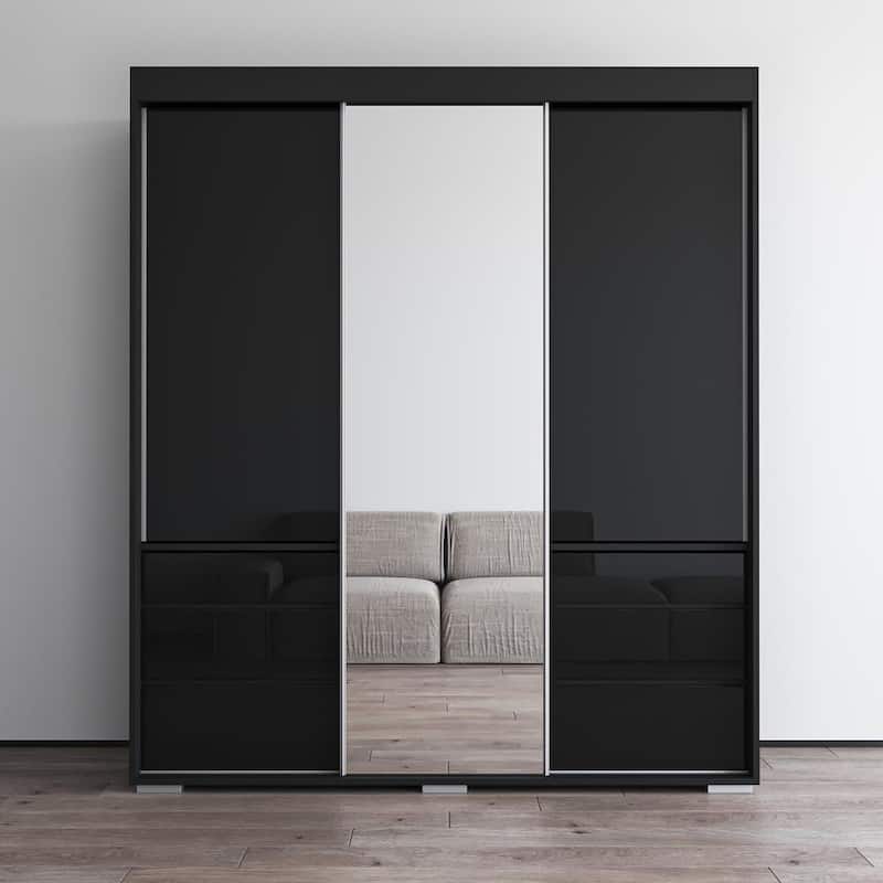 Monaco 3-door Modern 71-inch Wardrobe with Mirror - Black