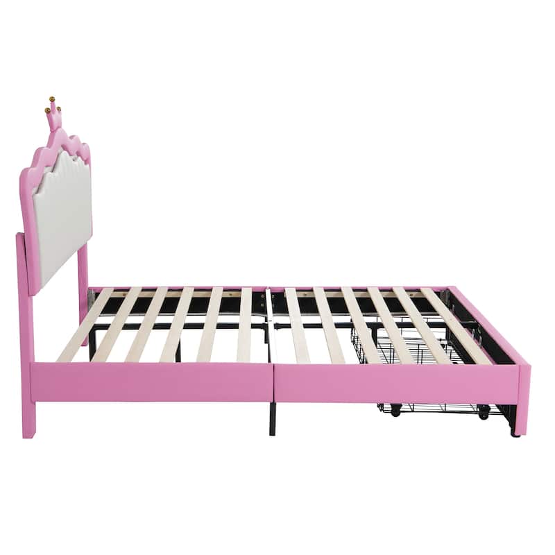 Full Size Upholstered Bed Frame with LED Lights, Crown Headboard, 2 Drawers, Pink+White