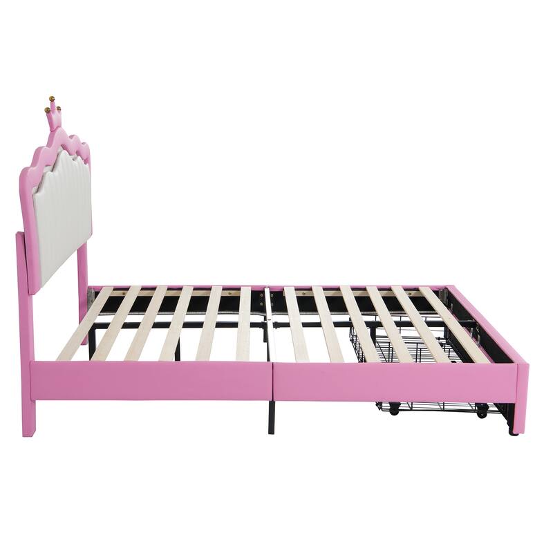 Princess Bed with Crown Headboard,Upholstered Bed Frame with LED Lights