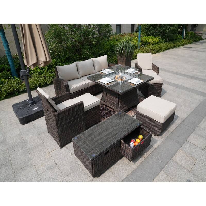 Outdoor Wicker Sofa Patio Set Seating Furniture with Fire Pit Table