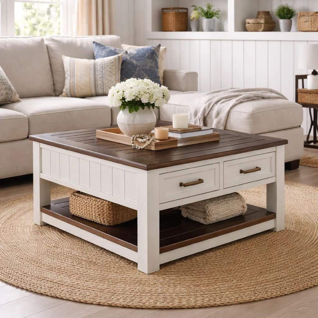 Barb Coffee Table, 2 Drawers and Lift Top, 36 Inch Gray Acacia Wood
