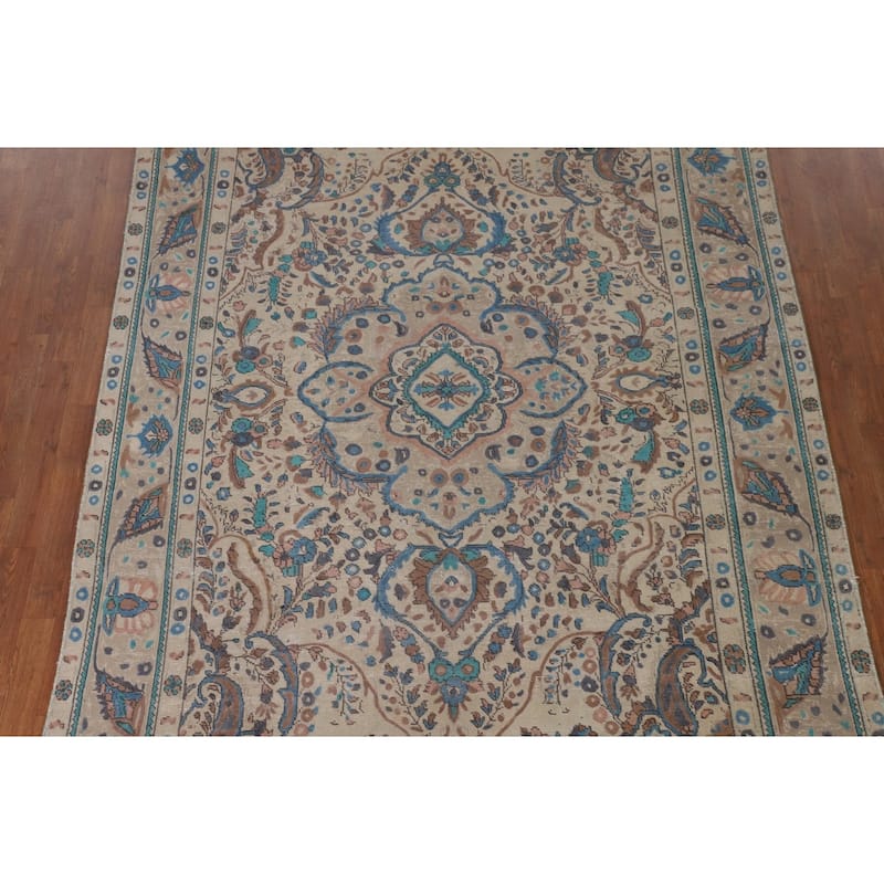 Over-Dyed Tabriz Persian Vintage Area Rug Handmade Beige Wool Carpet - 6'9"x 9'1"