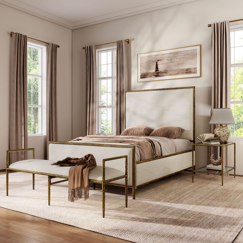 247 Shop At Home Lalia Modern 3-Piece Upholstered Hammered Metal Panel Bedroom Set with Nightstand and Bench